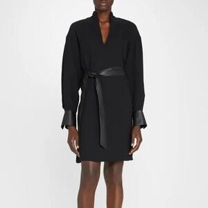 Vince Long Sleeve Belted Slit Neck Dress Size S Black NWT